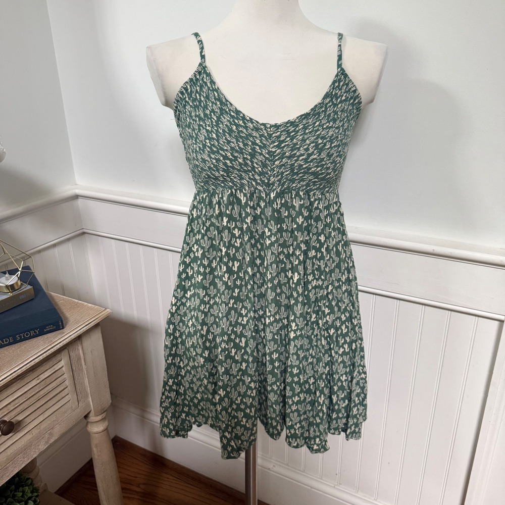 Angie Green Cactus‎ Print Mini Dress Smocked Back Boho Southwestern Size M